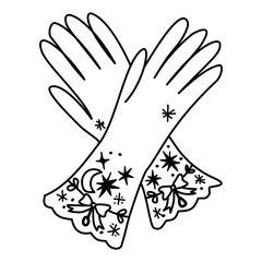 Celestial Gloves Line Art Illustration with Stars Moon and Ribbon Elegant Decorative Lace Cuffs Magical Christmas Holiday Outline Design for Winter Fashion Crafts and Prints