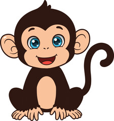 Obraz premium Cartoon baby monkey sitting with big eyes, cute primate character illustration, children’s book animal artwork, playful design, cad drawing flat vector illustration