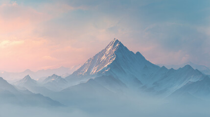 Snowy Mountain Peak Emerging from Fog at Alpenglow Sunrise