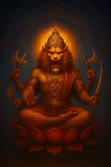 Divine Narasimha &ndash; The Lion-Headed Avatar of Vishnu on Lotus Throne