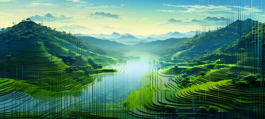 Rice fields Wireframe,generative AI