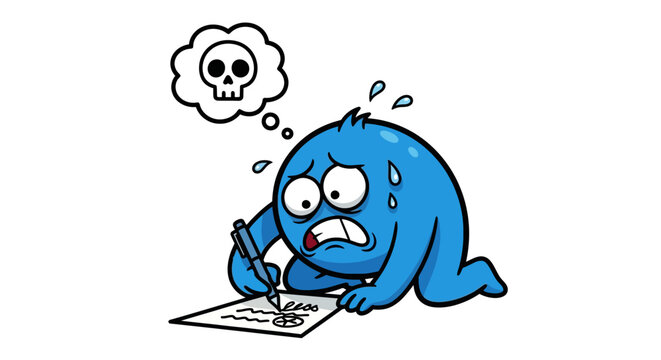 Desperate cartoon character facing a creative writing crisis and academic burnout expressing