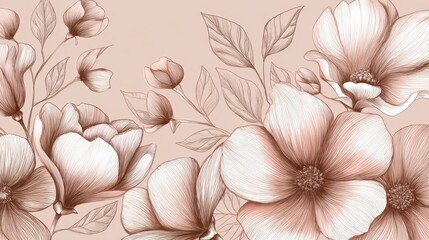 Fototapeta premium Elegant sepia toned sketch of blooming magnolias with detailed petals and leaves on a neutral background