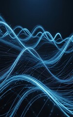 Abstract AI data waves in motion and bright blue lines on black surface