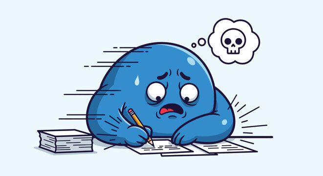 Cartoon blob overwhelmed with tasks and deadlines working frantically illustration