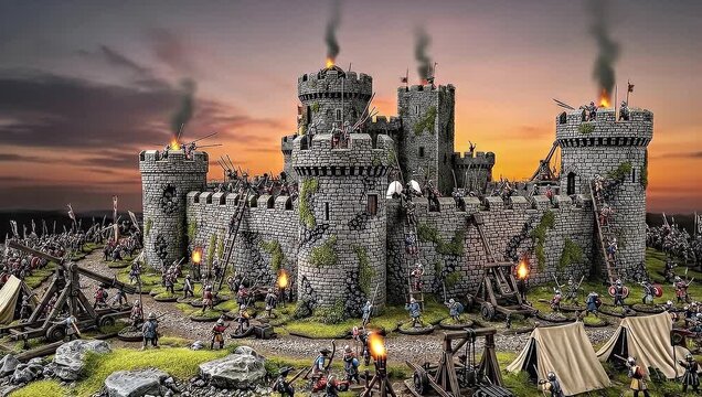 Historical Medieval Castle Siege Scene with Armored Soldiers and Catapults in Action During Sunset