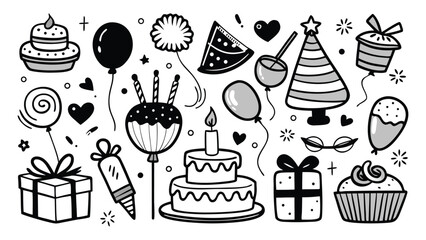 A colorful clipart set featuring birthday party elements like balloons, cake, and gifts..eps
