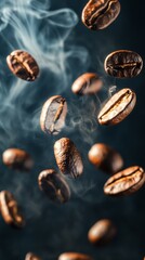 Obraz premium Coffee Beans Floating in Air With Smoke on Black Background During Morning Preparation Ritual