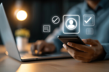 Person using smartphone and laptop with digital interface icons for online task management