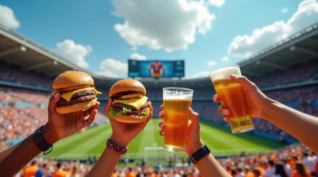 Manos sosteniendo jugosas hamburguesas con queso y cervezas fr&iacute;as mientras amigos celebran juntos en un animado estadio de f&uacute;tbol