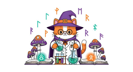 Naklejka premium Cartoon Cat Wizard Brewing Potions with Mushrooms and Runes Illustration