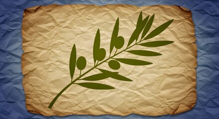 A close-up of a green olive branch with berries, set against a backdrop of aged parchment paper on a textured blue surface