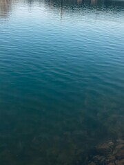 Clear blue water surface with sunlight reflections and gentle ripples