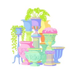 Collection of decorative pastel colored urns and planters with lush green plants in a studio setting