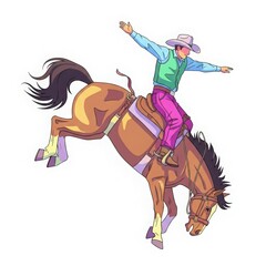 Energetic cowboy in action riding a bucking bronco horse during a wild rodeo competition