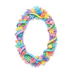 Whimsical number zero decorated with colorful flowers ribbons and beads on white background