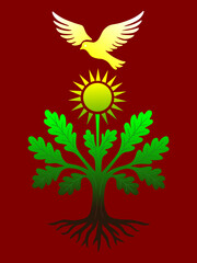 A symbol of life, harmony, and peace. An abstract symbolic drawing&mdash;a tree of life with spreading branches, a solar circle, and a flying dove at the top.