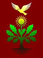 A symbol of life, harmony, and peace. An abstract symbolic drawing—a tree of life with spreading branches, a solar circle, and a flying dove at the top.