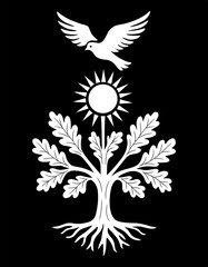 A symbol of life, harmony, and peace. An abstract symbolic drawing—a tree of life with spreading branches, a solar circle, and a flying dove at the top.