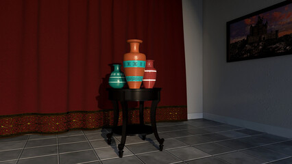 Decorated vases on a wooden round table