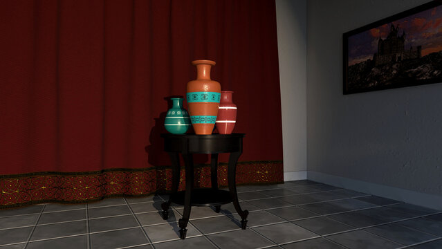 Decorated vases on a wooden round table