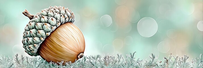 An acorn rests on a soft surface, showcasing its distinct shape and texture against a gentle, blurred background