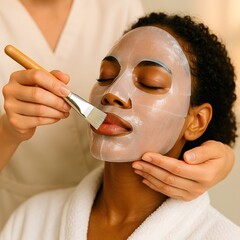 Woman receives pampering face mask treatment at spa with professional applying product, eyes closed, enjoying relaxation. Self-care beauty wellness concept