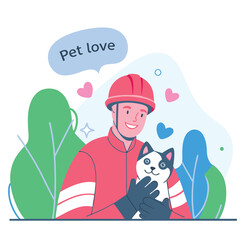 Fototapeta premium A Smiling Firefighter Embracing a Dog with 'Pet love' Speech Bubble Vector Illustration