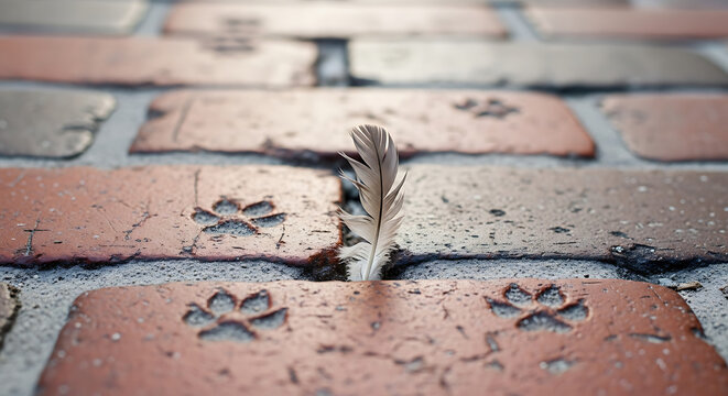 Feather on brick pavement with pet paw prints