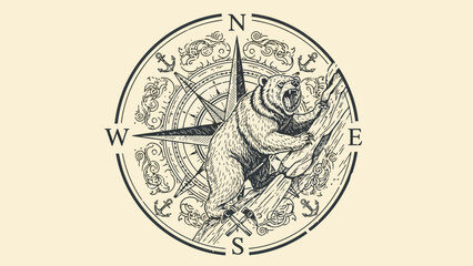 Naklejka premium Black and white illustration of a bear inside a compass with ornamental details