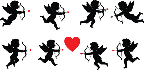 Cupid silhouette with bow and arrow, flying angel figures, Valentine theme, red heart, love concept, romantic illustration, white background
