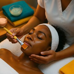 Skincare Professional Applying Facial Mask to Young African American Woman with Eyes Closed in Serene Spa Setting Beauty Treatment for Healthy Radiant Skin Wellness and Relaxation