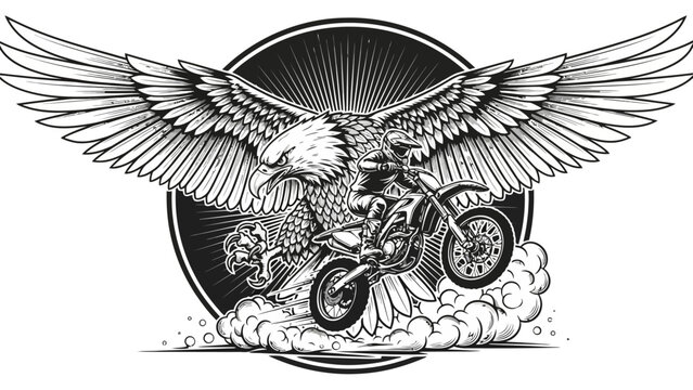 A motorcycle rider jumps through the air in front of a majestic eagle with outstretched wings