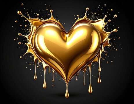 Gleaming golden heart bursts open, with liquid metal effect on dark backdrop - Powered by Adobe