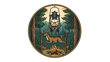 A round emblem depicts a lantern, a leaping deer, and a campfire set in a forest