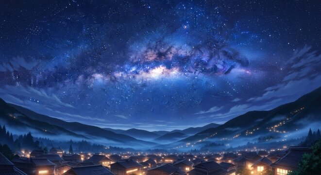 Enchanting night sky with the luminous Milky Way galaxy arching over a tranquil village nestled in a misty mountain valley