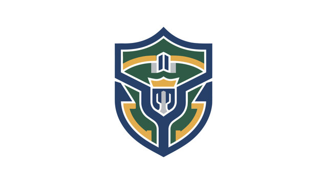 A crest design featuring a shield with geometric elements of green, gold, gray, and blue