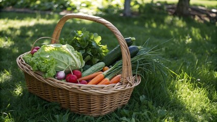 Woven basket of freshly harvested vegetables (carrots, radishes, lettuce) on green grass.