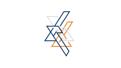 An abstract design comprised of interconnected, stylized triangles in navy, orange and grey