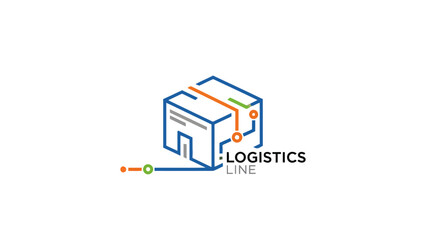 Modern logistics logo, depicting a stylized box with lines and circles, conveying delivery and transport concepts