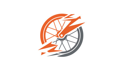 Fototapeta premium A bicycle wheel graphic, stylized with orange and gray color scheme, a lightning bolt cutting the image