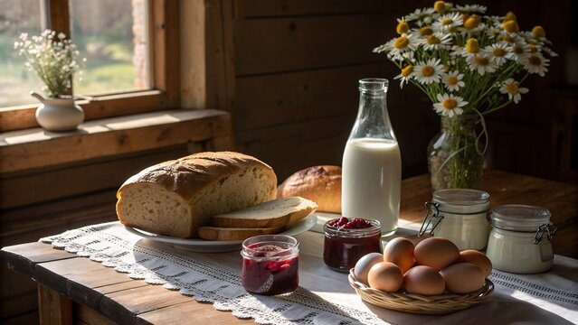 Rustic farmhouse breakfast with fresh bread, milk, jam, and daisies on a wooden table.