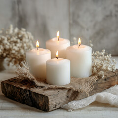 Vier weiße Kerzen auf rustikalem Holzbrett – gemütliche Winter- und Adventsstimmung