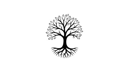 A black and white illustration of a tree, showcasing branches, leaves and roots