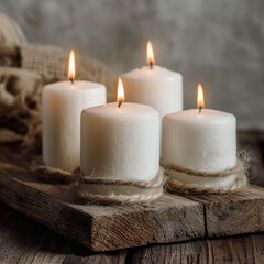 Vier weiße Kerzen auf rustikalem Holzbrett – gemütliche Winter- und Adventsstimmung