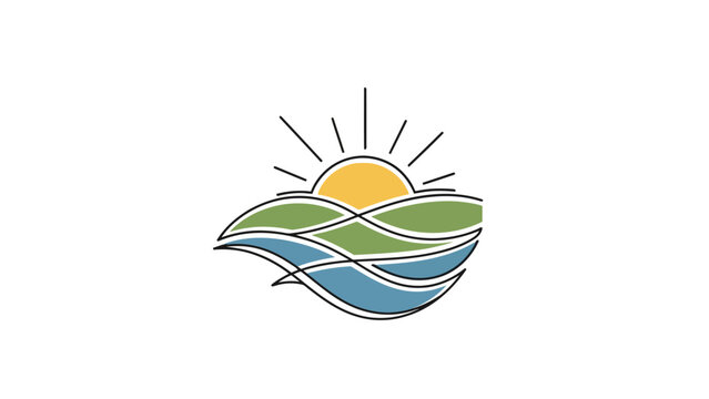 A stylized logo with sun rising over rolling hills and water. Simple design with color