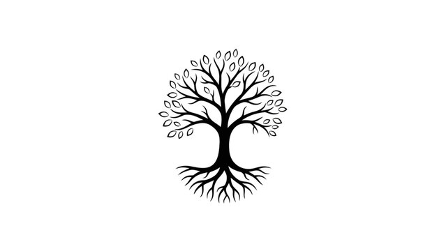 A black and white illustration of a tree, showcasing branches, leaves and roots