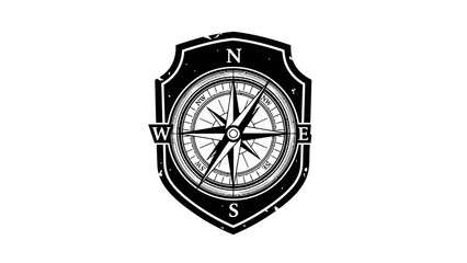 Black and white compass rose graphic, contained within a shield shape, with directional letters