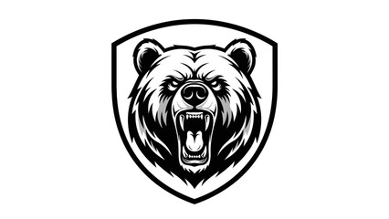 A monochrome illustration of a fierce bear's head framed within a shield outline, open mouth