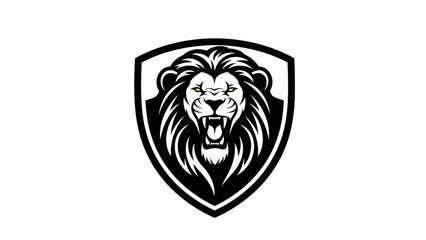 A fierce lion's face, roaring with bared teeth, framed inside a shield-shaped border